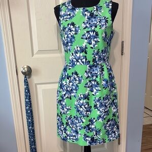 J. Crew Factory Green Floral Mini Dress with Blue & White Print